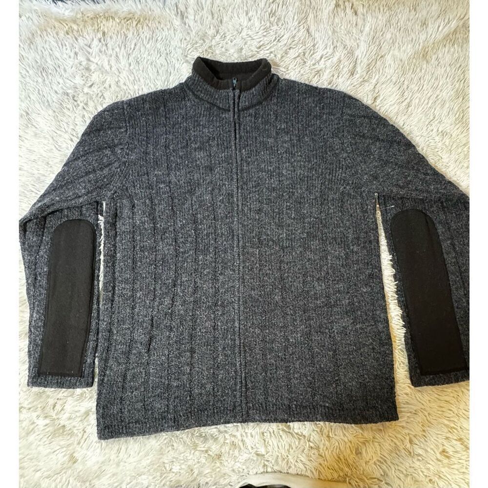 Men mock neck full zip long sleeve charcoal elbow patch sweatshirt L